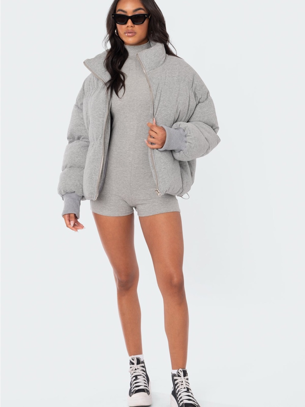 EDIKTED: Gray Puffer Jacket - Women’s Cozy Short Coat